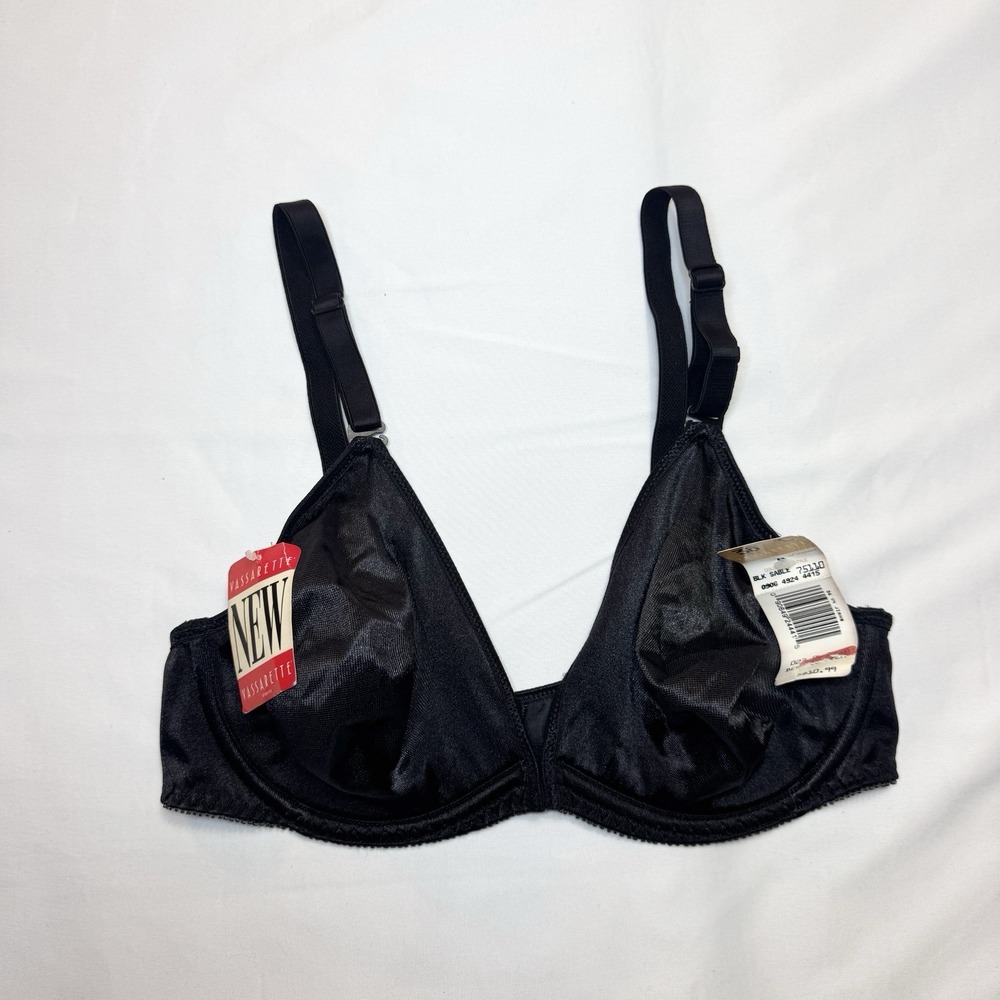 Vtg Vassarette Second Skin Bra 38C Black Shine 90s Unlined Underwire Front Close